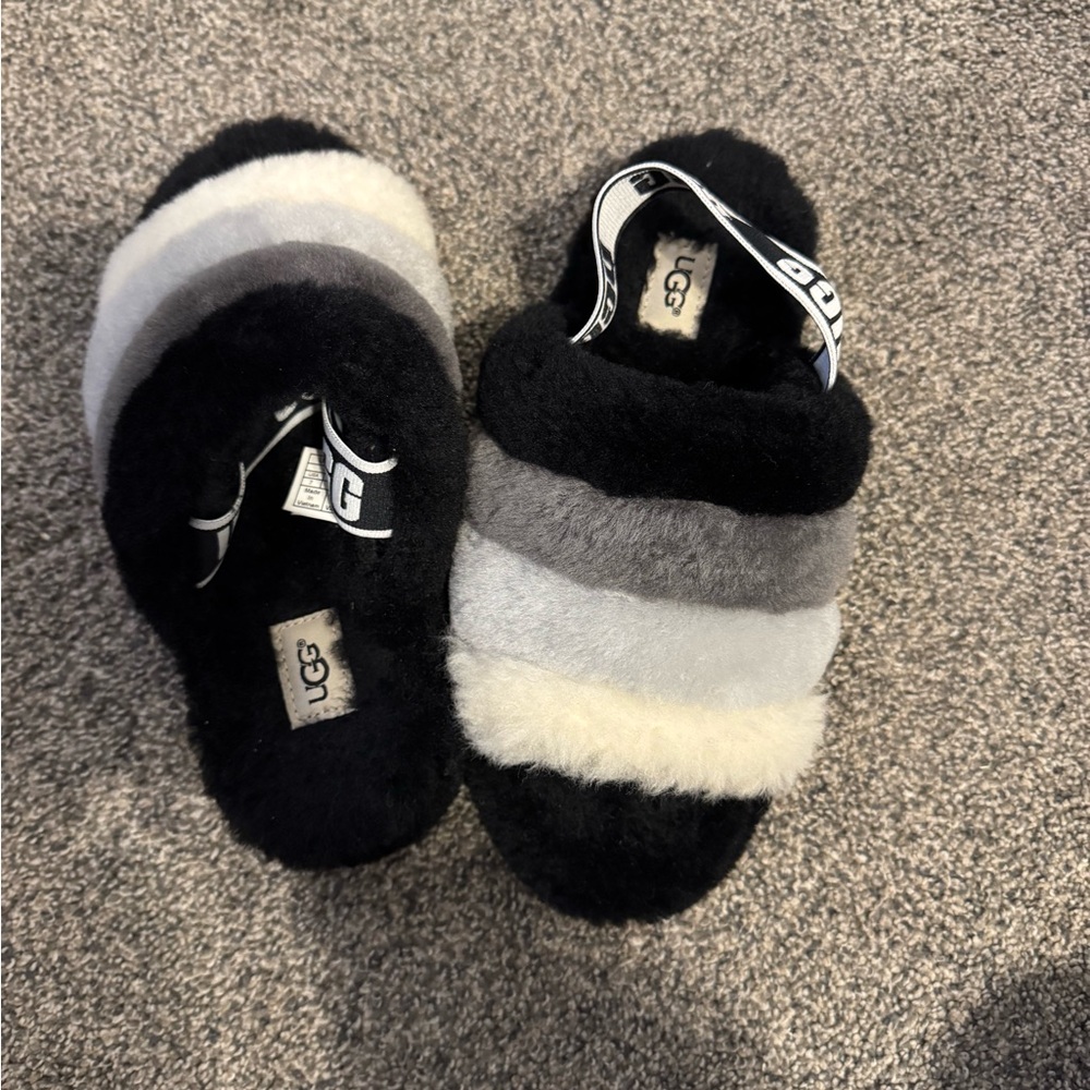 UGG Fluffy Slide Slippers - Black, Gray, and Cream